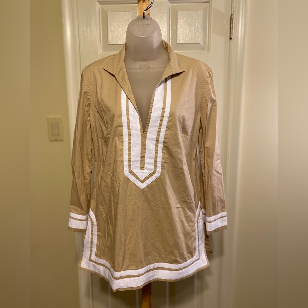 & TROUSERS - Lovely tan tunic w/deco. white ribbon, Size: L (see measurements)